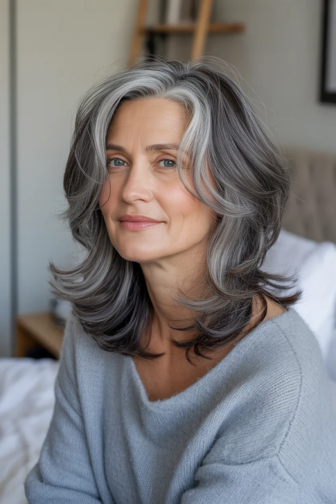 Natural Gray Layered Hairstyle That Enhances Dimension and Elegance