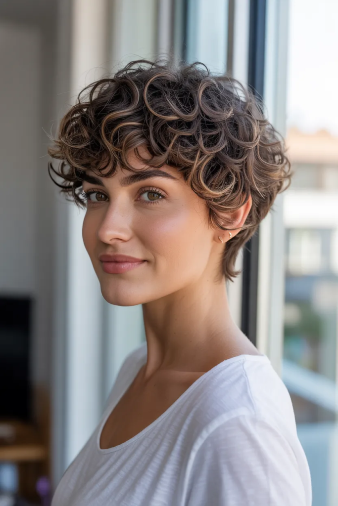 Curly Pixie Cut With Soft Bangs