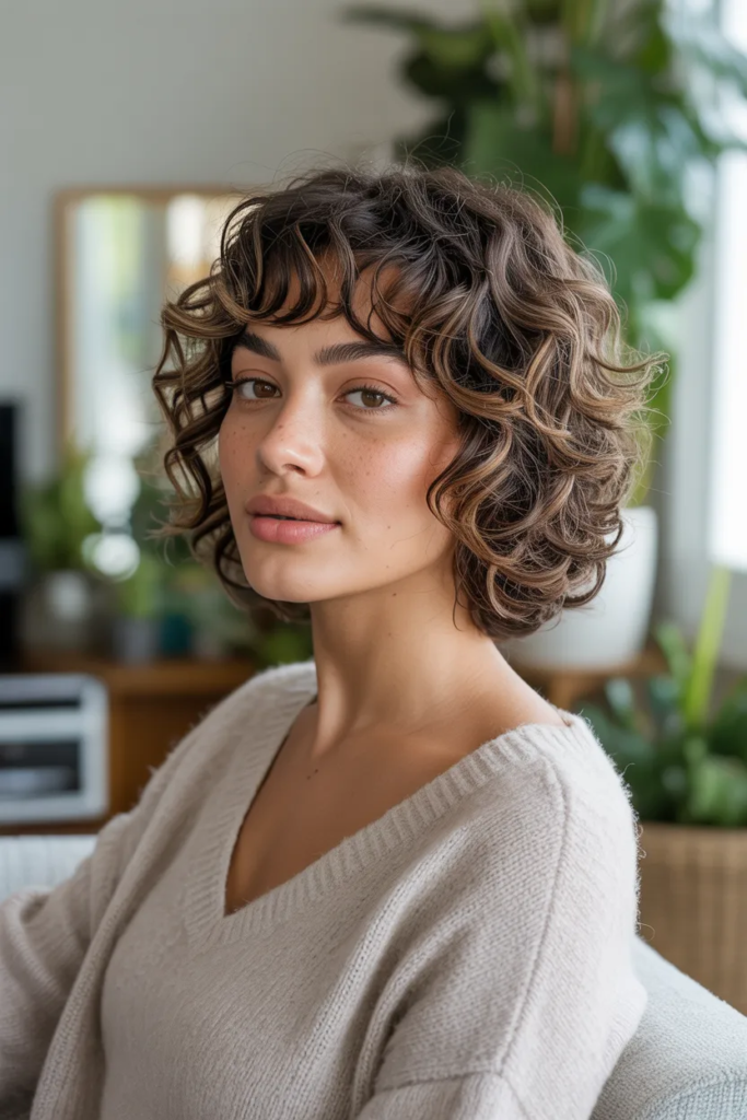 Layered Curly Bob With Wispy Bangs