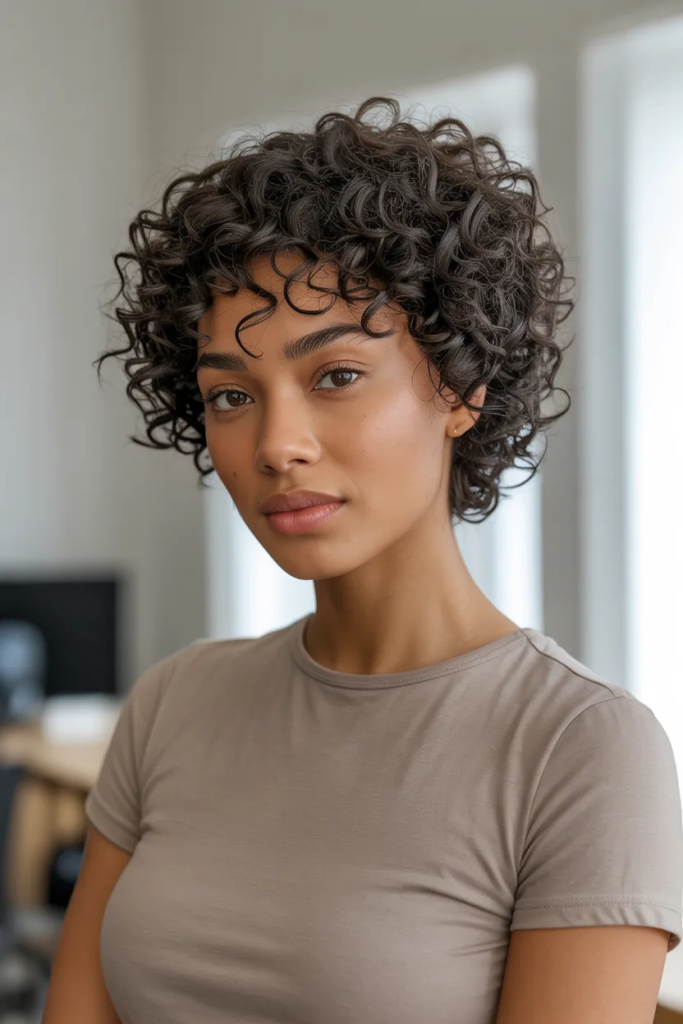 Tight Curl Tapered Cut With Micro Bangs