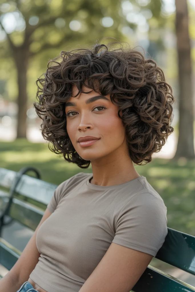 Voluminous Curly Crop With Full Bangs