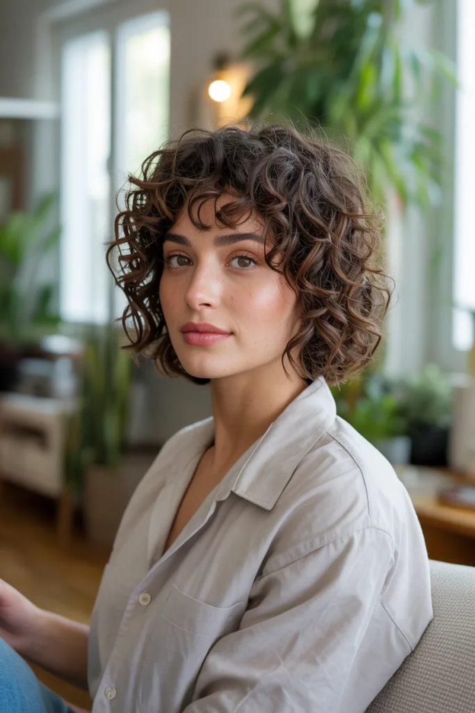 Curly French Bob With Soft Fringe