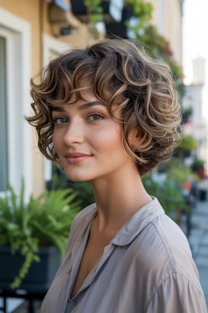 Short Curly Layers With Face-Framing Bangs
