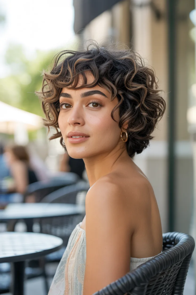 Short Curly Hair With Feathered Bangs