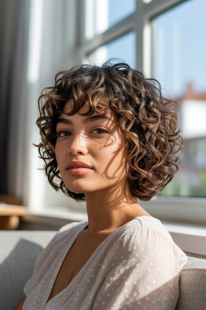 Curly Bob with Curtain Bangs