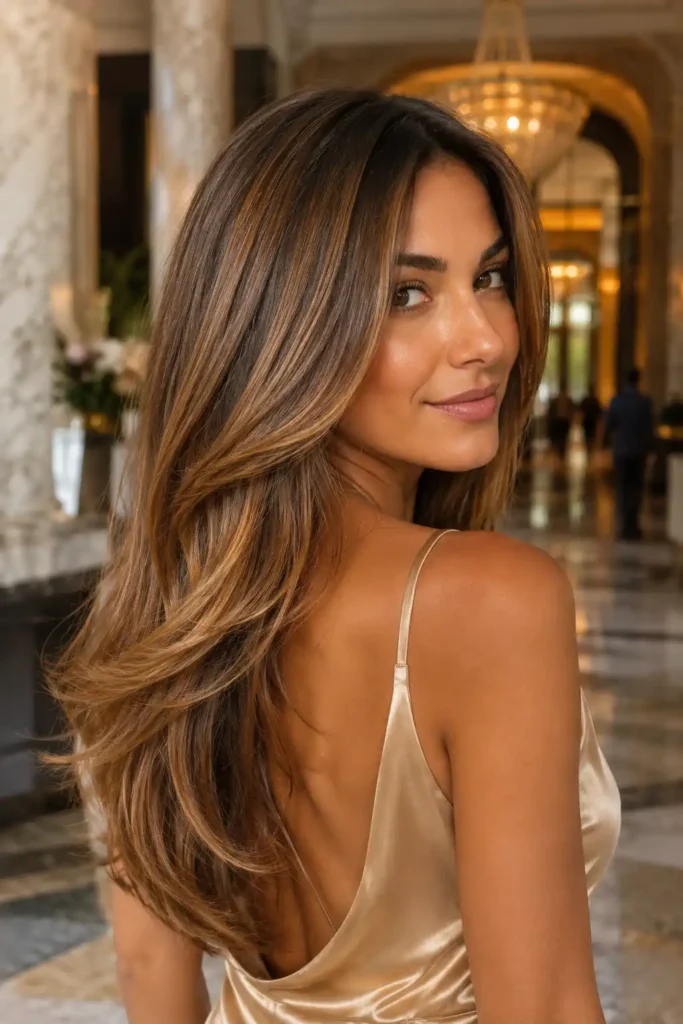 17. Rich Caramel Balayage with Gloss Finish