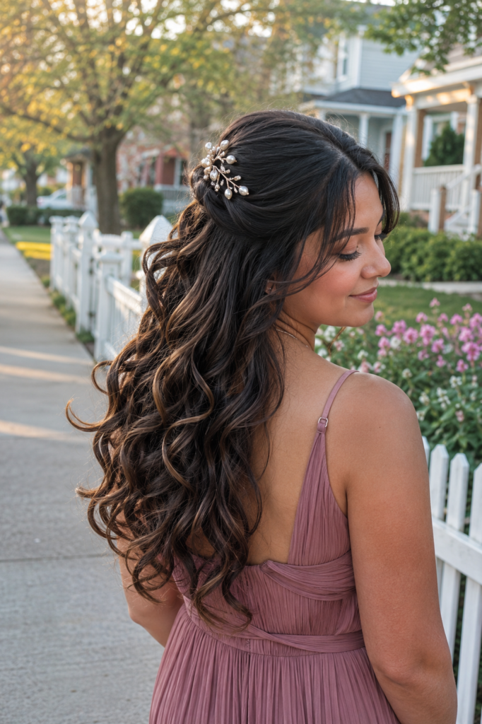 Half-Up Curls with a Pearl Hair Vine