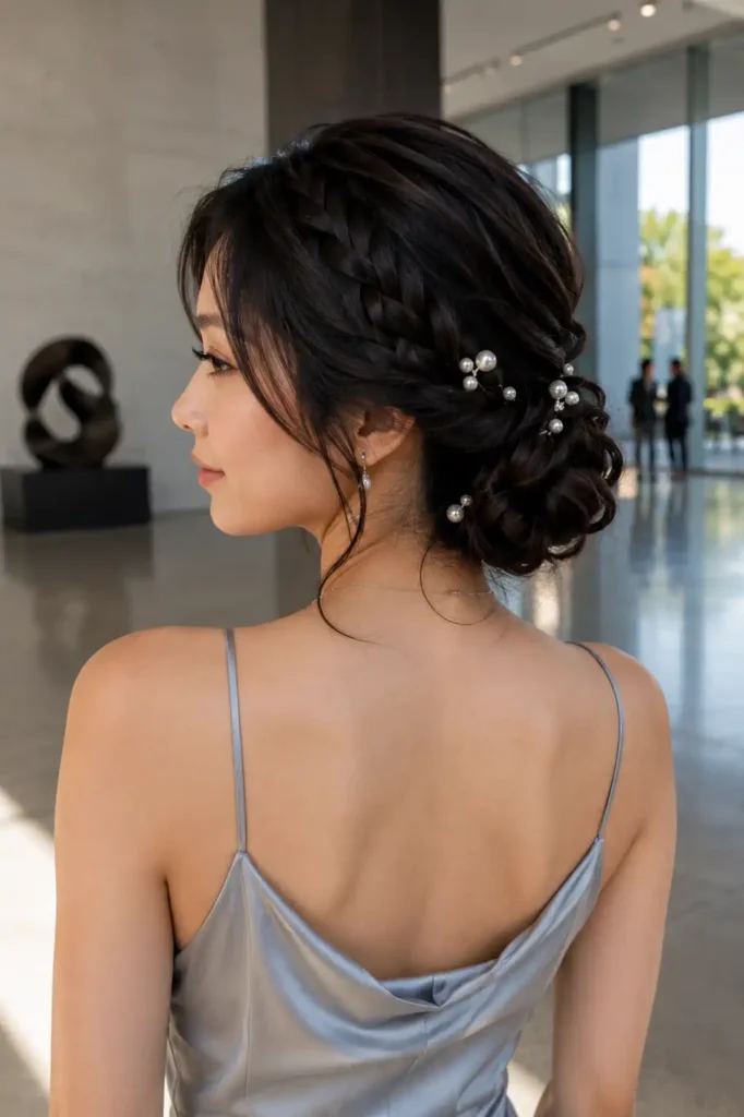 Braided Low Bun with Pearl Pins