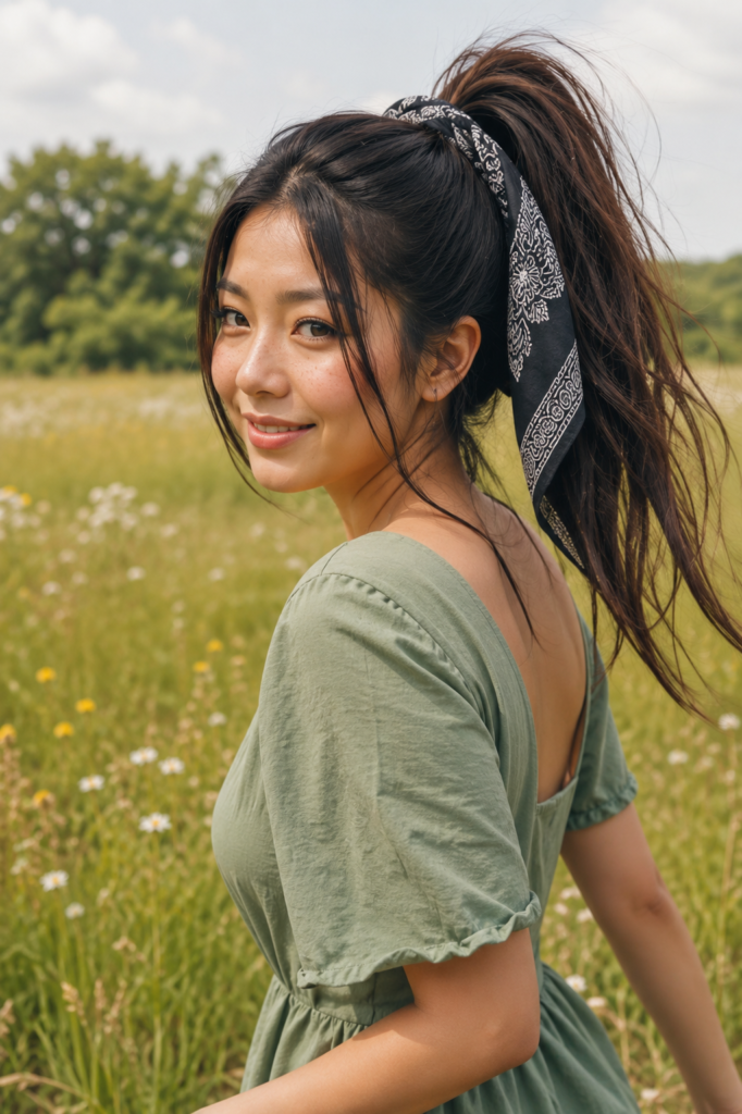 High Ponytail Wrapped with a Bandana