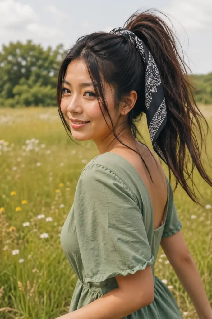 High Ponytail Wrapped with a Bandana