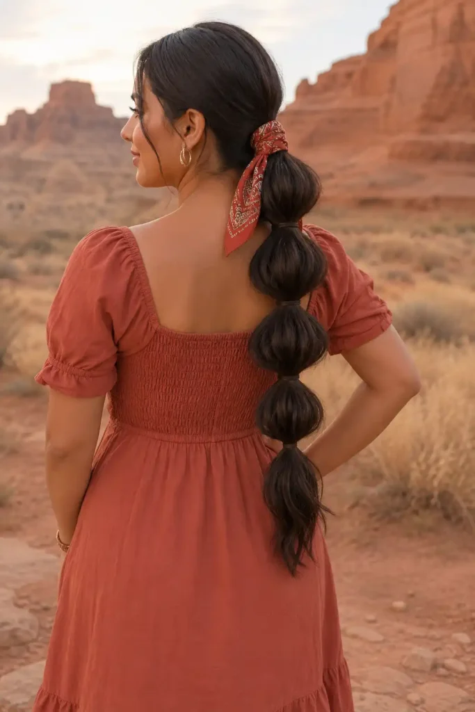 Bubble Ponytail with a Paisley Bandana
