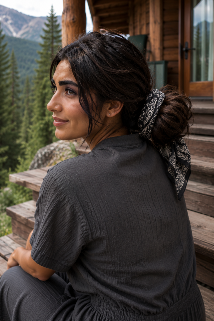 Low Messy Bun with a Printed Bandana