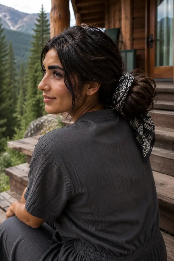 Low Messy Bun with a Printed Bandana