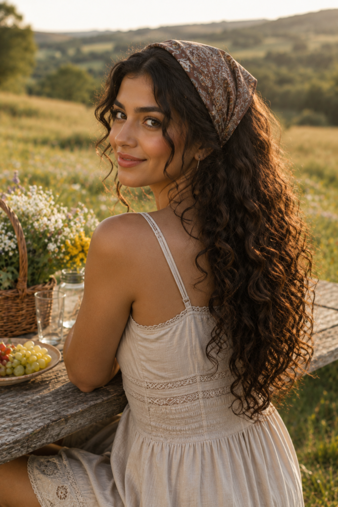 Loose Curly Hair with a Rustic Bandana