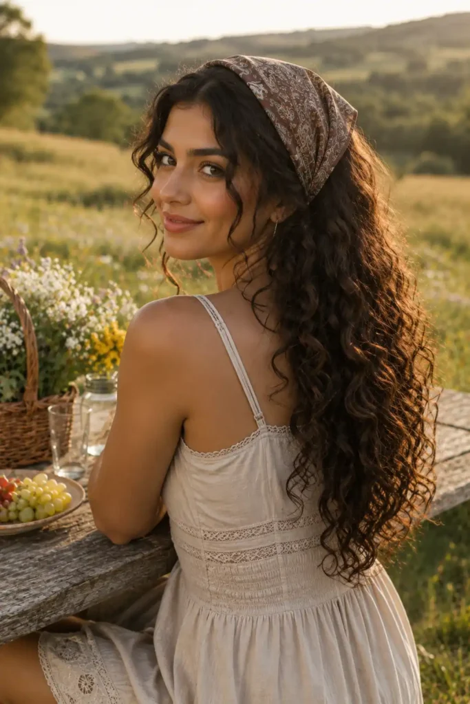 Loose Curly Hair with a Rustic Bandana