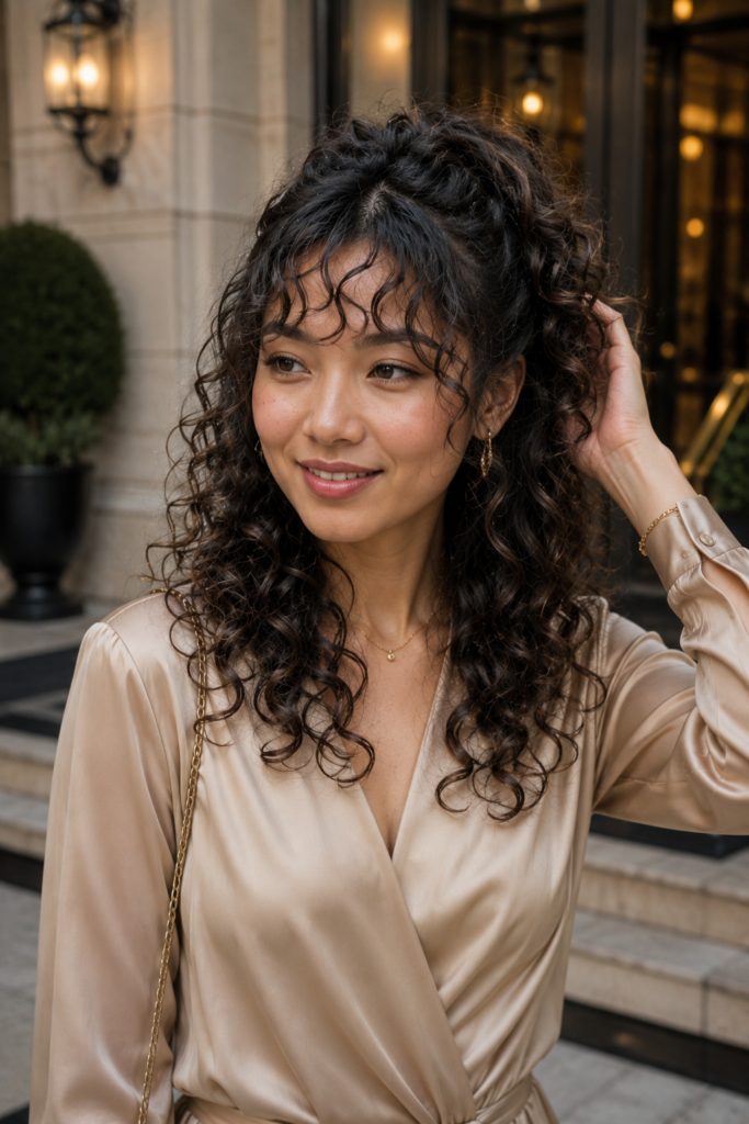 Half-Up Curly Ponytail with Bangs