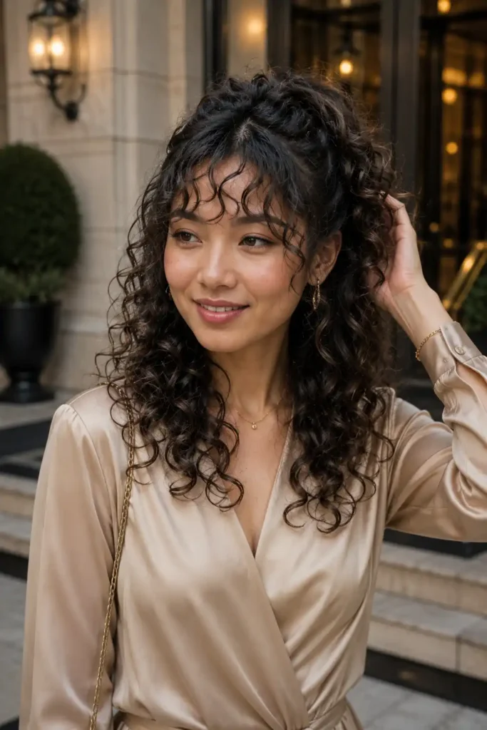 Half-Up Curly Ponytail with Bangs