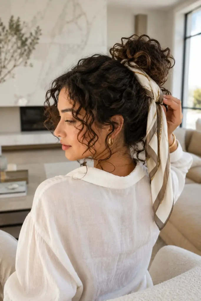 Loose Curly Bun with a Silk Scarf