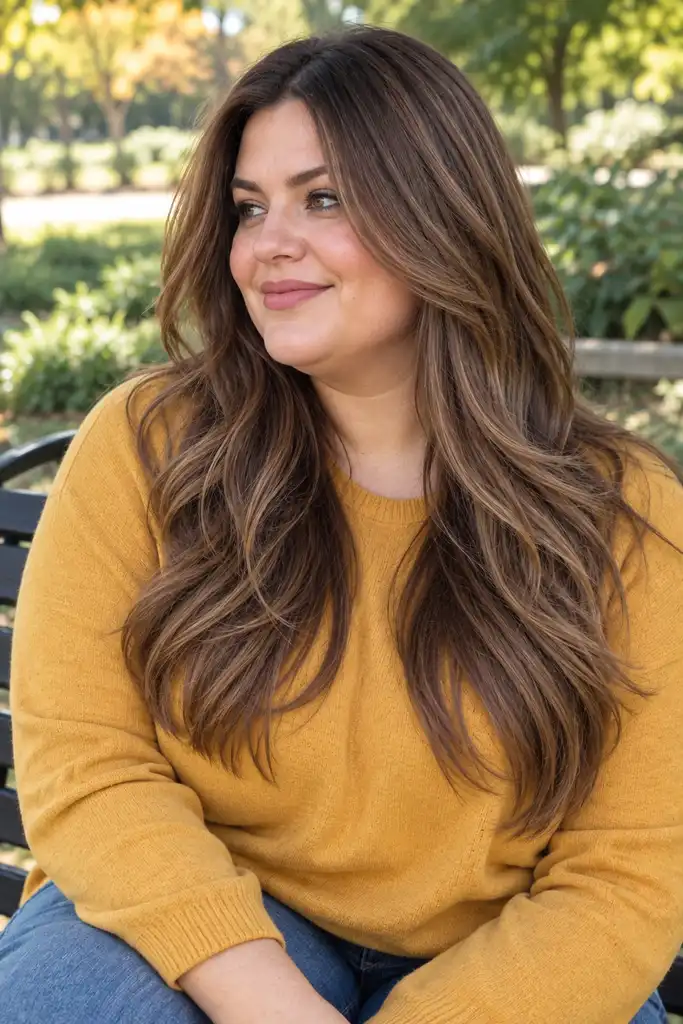 Long Layered Brunette Hair With Caramel Dimension