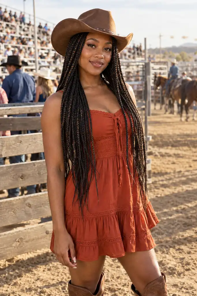 Classic Knotless Braids with a Cowboy Hat