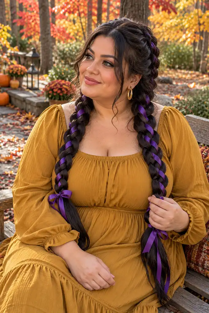 Long Sleek Braids With Purple Ribbons